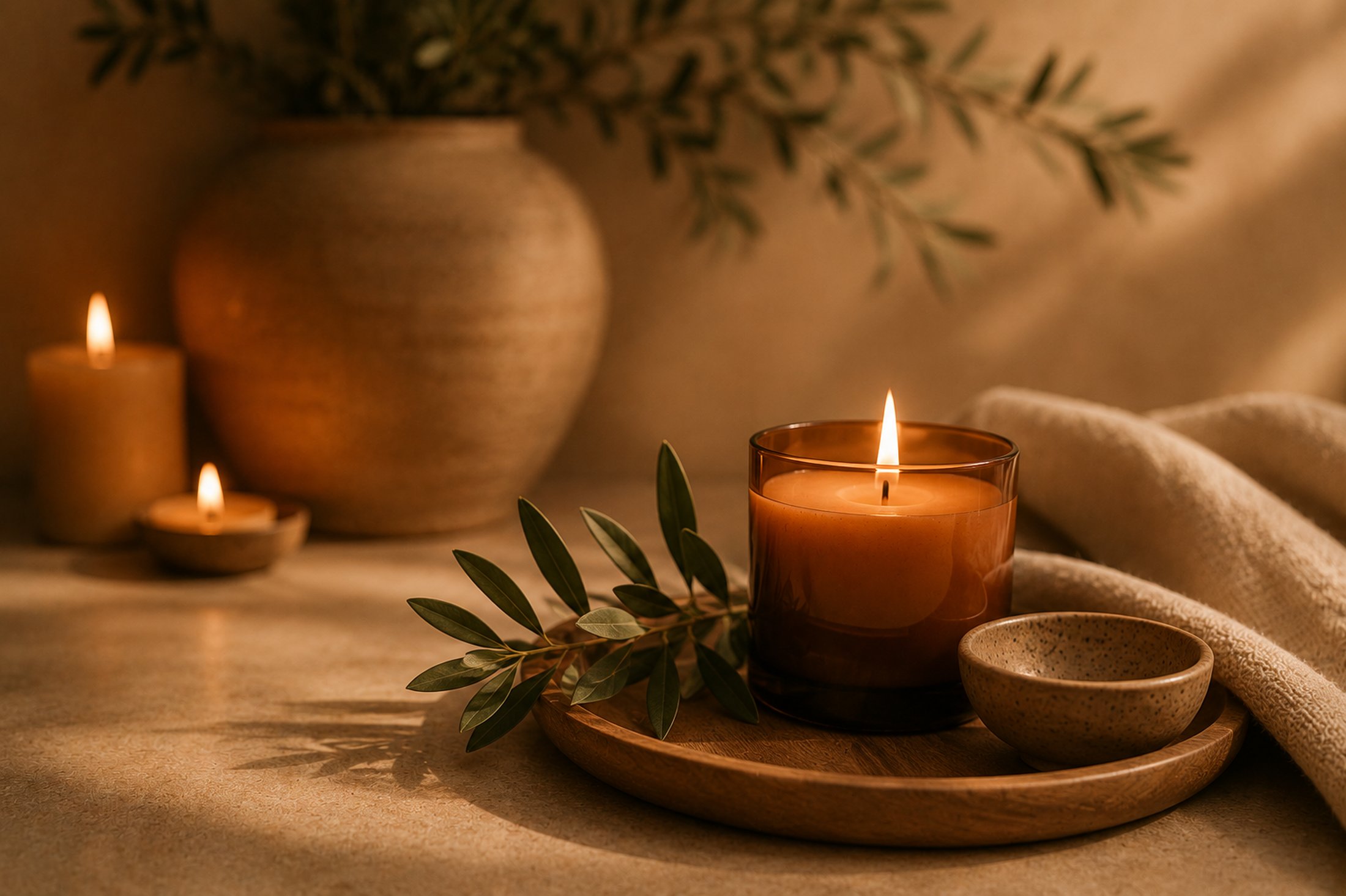 A lit candle on a wooden tray, set out ready for a treatment