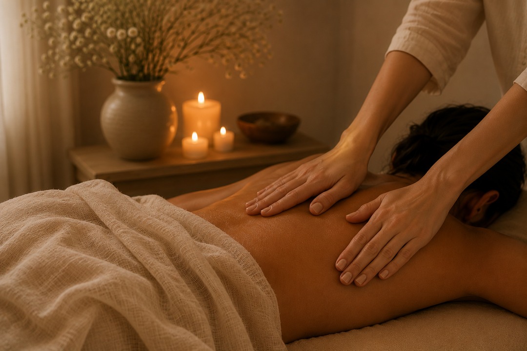 A candlelit massage treatment in a calm, warm room