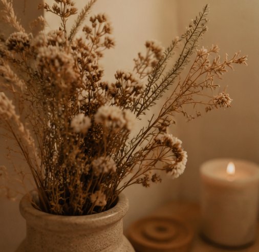 Dried flowers and candle, part of the calming treatment space