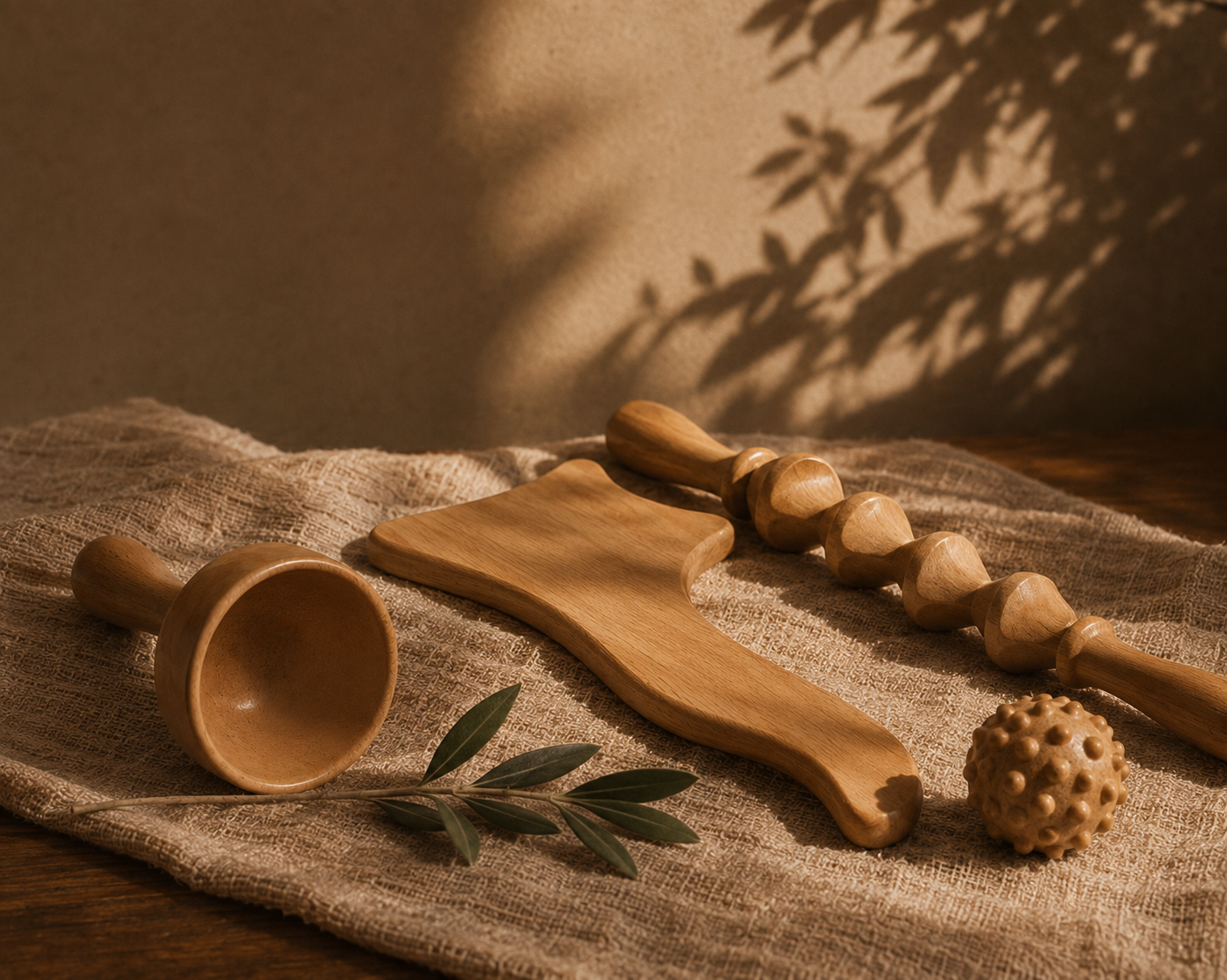 Wooden sculpting tools used during manual lymphatic drainage and body sculpting treatments