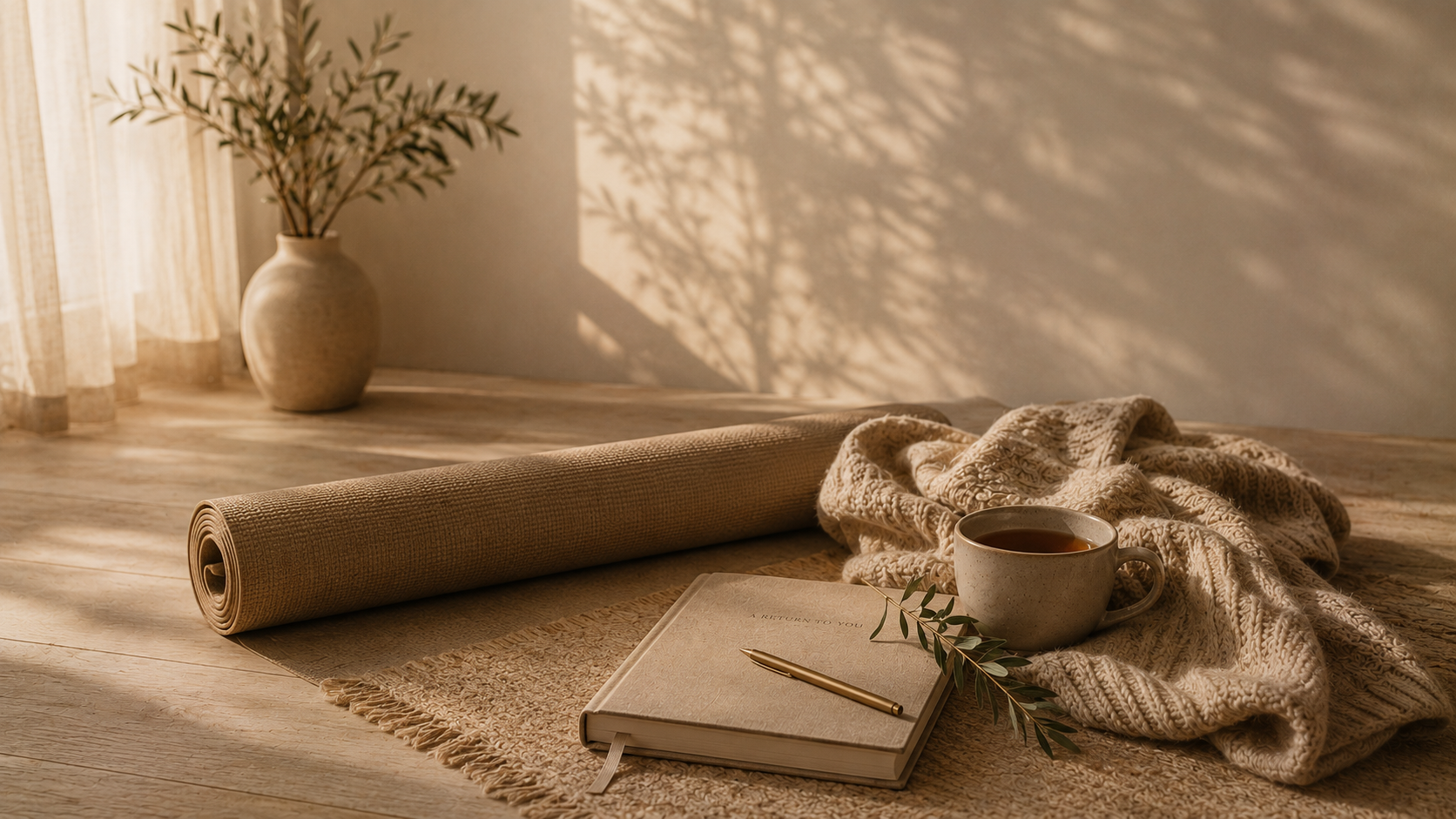 Yoga mat, tea and journal in soft morning light, part of the Return to You programme