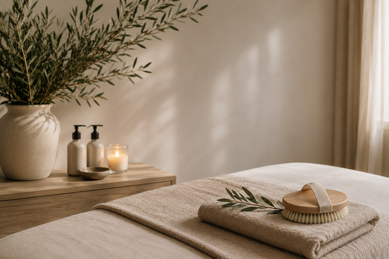 Natural body brush, water and ritual tools laid out for a Signature Programme