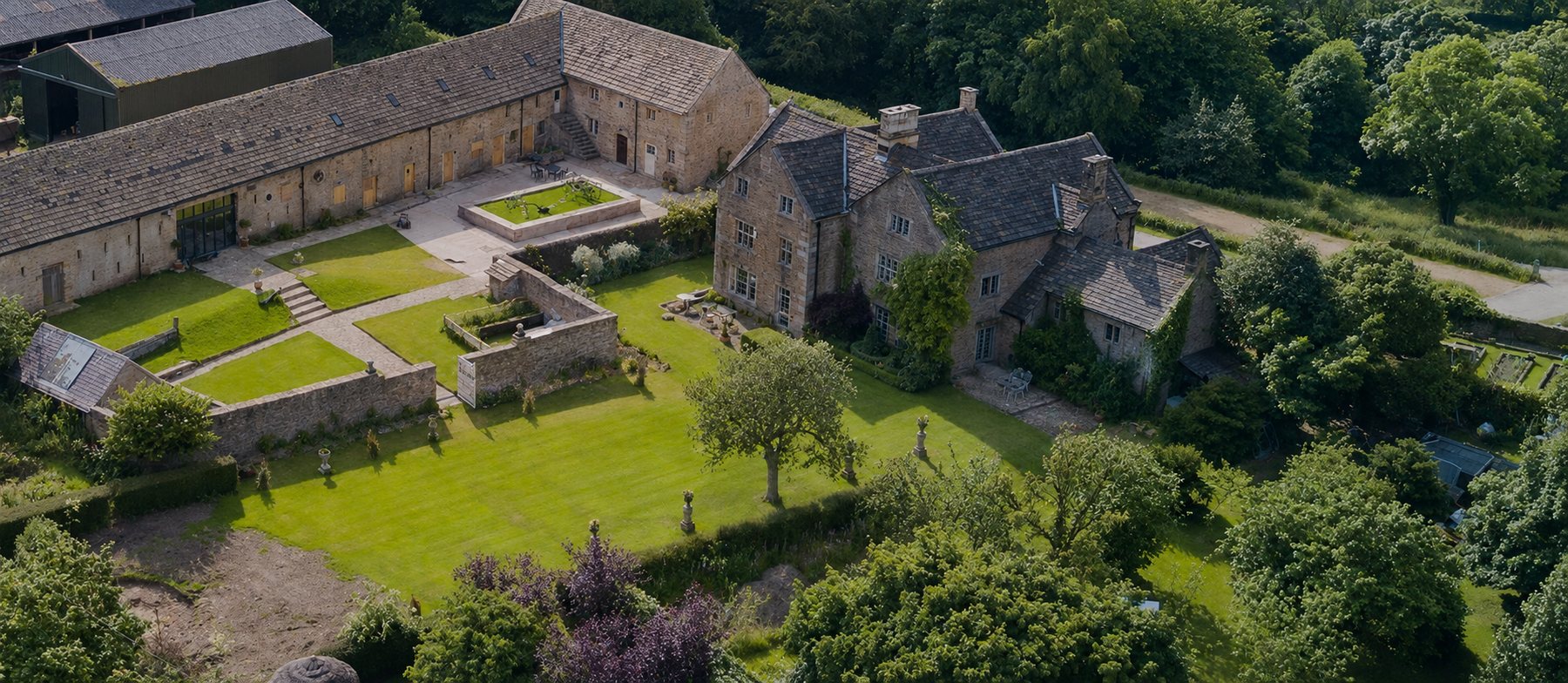 A stone manor house and gardens in the Peak District, the kind of setting used for leadership away days