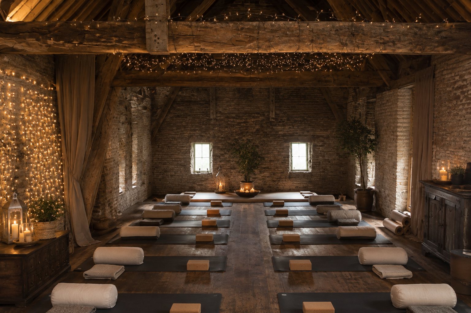 A converted barn set out for a group yoga and breathwork session