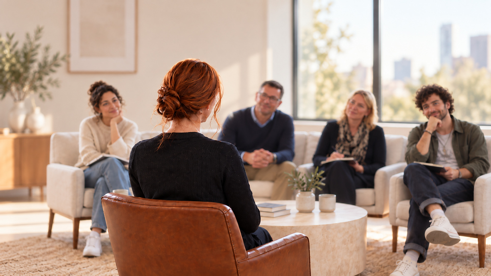 Emma Panariello in conversation with a leadership team