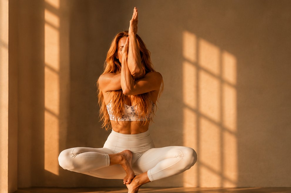 Seated balance pose with hands raised in prayer above the head